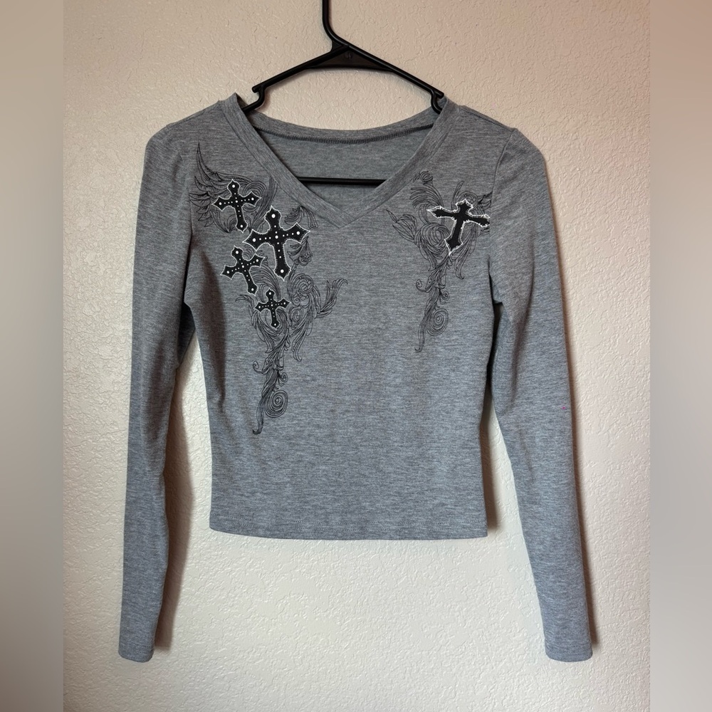 Gray Embellished V-Neck Blouse